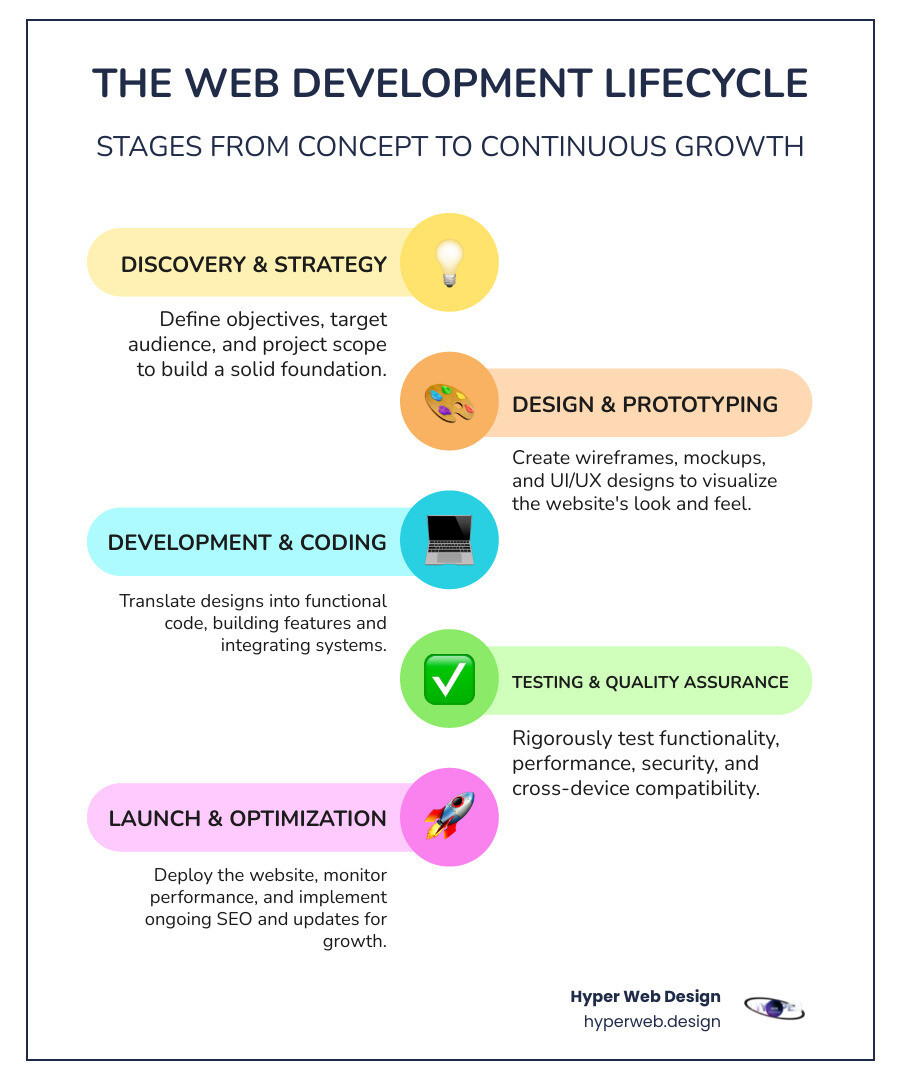 Infographic showing the web development lifecycle from initial strategy and planning, through design and development phases, to quality assurance testing, launch, and ongoing optimization - website development houston tx infographic infographic-line-5-steps-colors
