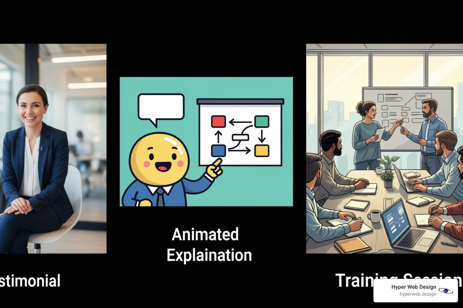 Different types of corporate videos including testimonial, animated explainer, and training video - video production for corporate