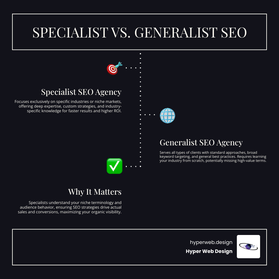 Infographic showing the key differences between generalist and specialist SEO agencies: Generalist agencies serve all industries with standard approaches, broad keyword targeting, and general best practices; Specialist agencies focus on specific niches with tailored strategies, industry-specific keyword research, deep audience understanding, niche publication connections, and faster implementation due to existing industry knowledge - specialist seo agency infographic infographic-line-3-steps-dark Infographic showing the key differences between generalist and specialist SEO agencies: Generalist agencies serve all industries with standard approaches, broad keyword targeting, and general best practices; Specialist agencies focus on specific niches with tailored strategies, industry-specific keyword research, deep audience understanding, niche publication connections, and faster implementation due to existing industry knowledge - specialist seo agency infographic infographic-line-3-steps-dark