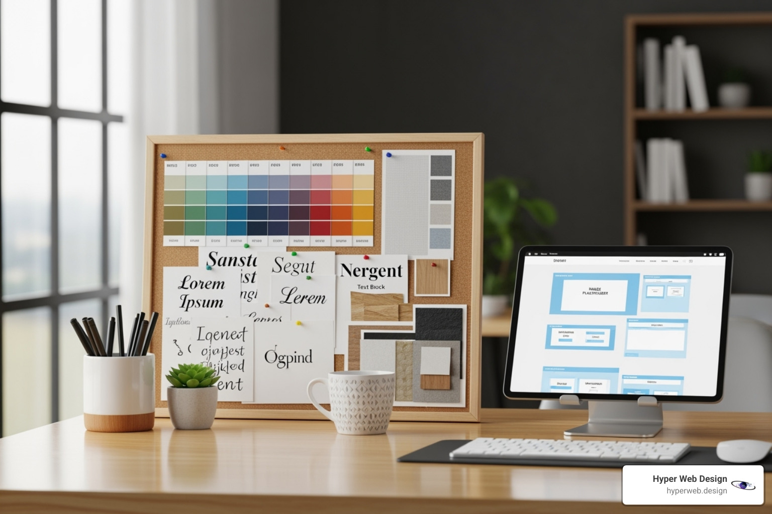 A mood board with color palettes, fonts, and textures next to a wireframe of a website - branding and web design A mood board with color palettes, fonts, and textures next to a wireframe of a website - branding and web design