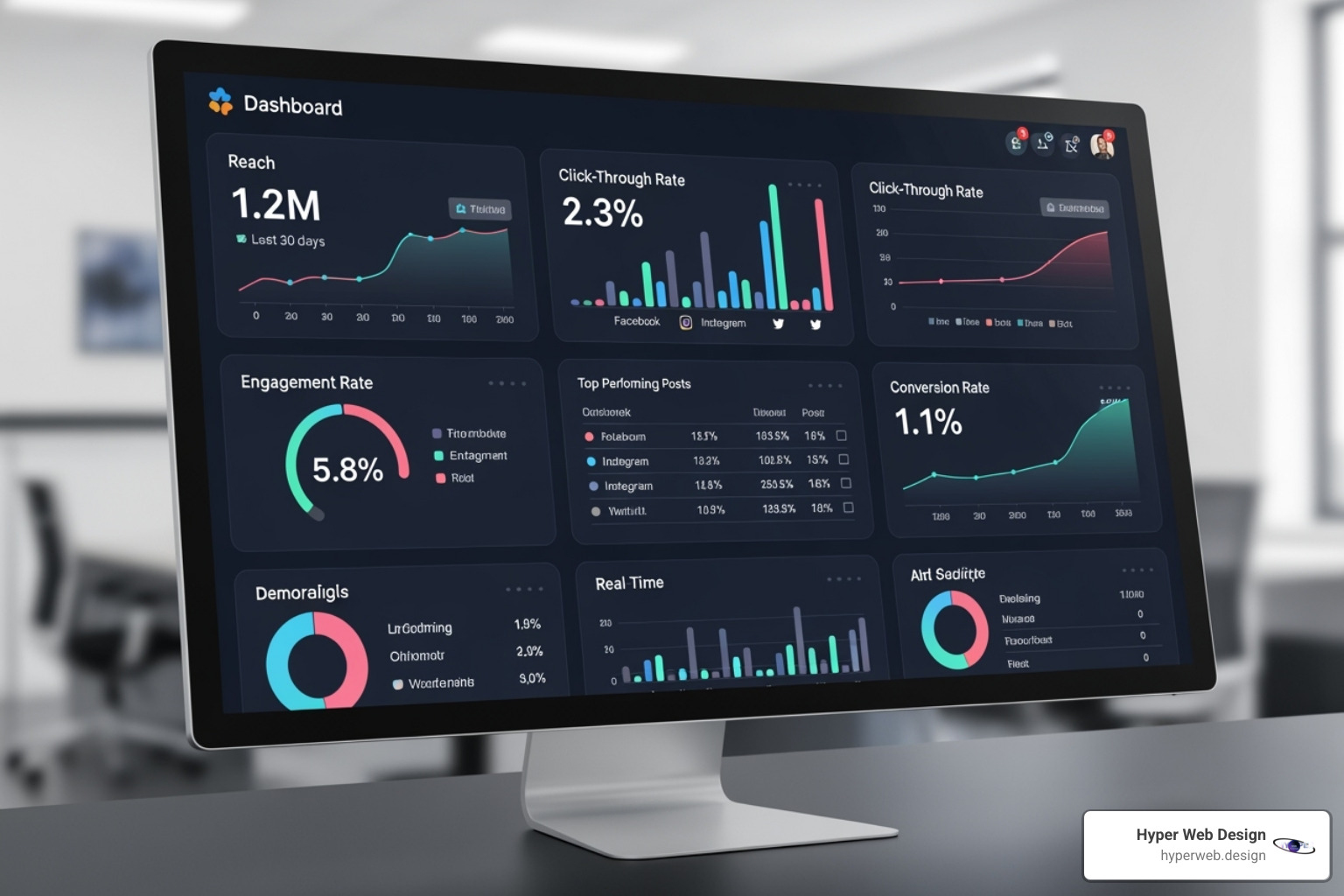 A dashboard showing various social media Key Performance Indicators (KPIs) such as reach, engagement rate, click-through rate, and conversion rate over time - social media marketing tips