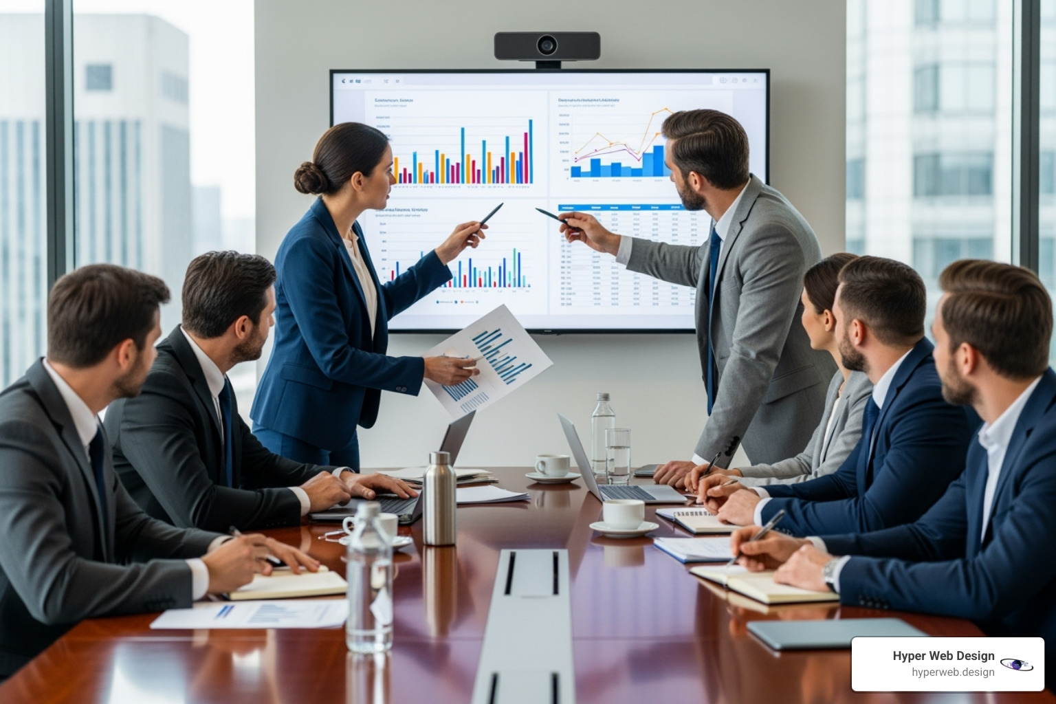 A team of professionals collaborating around a large table, reviewing data and charts on a monitor, signifying strategic planning - prosper texas search engine optimization