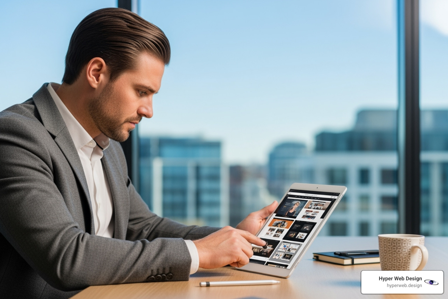Person carefully reviewing a web design portfolio on a tablet - website development houston tx