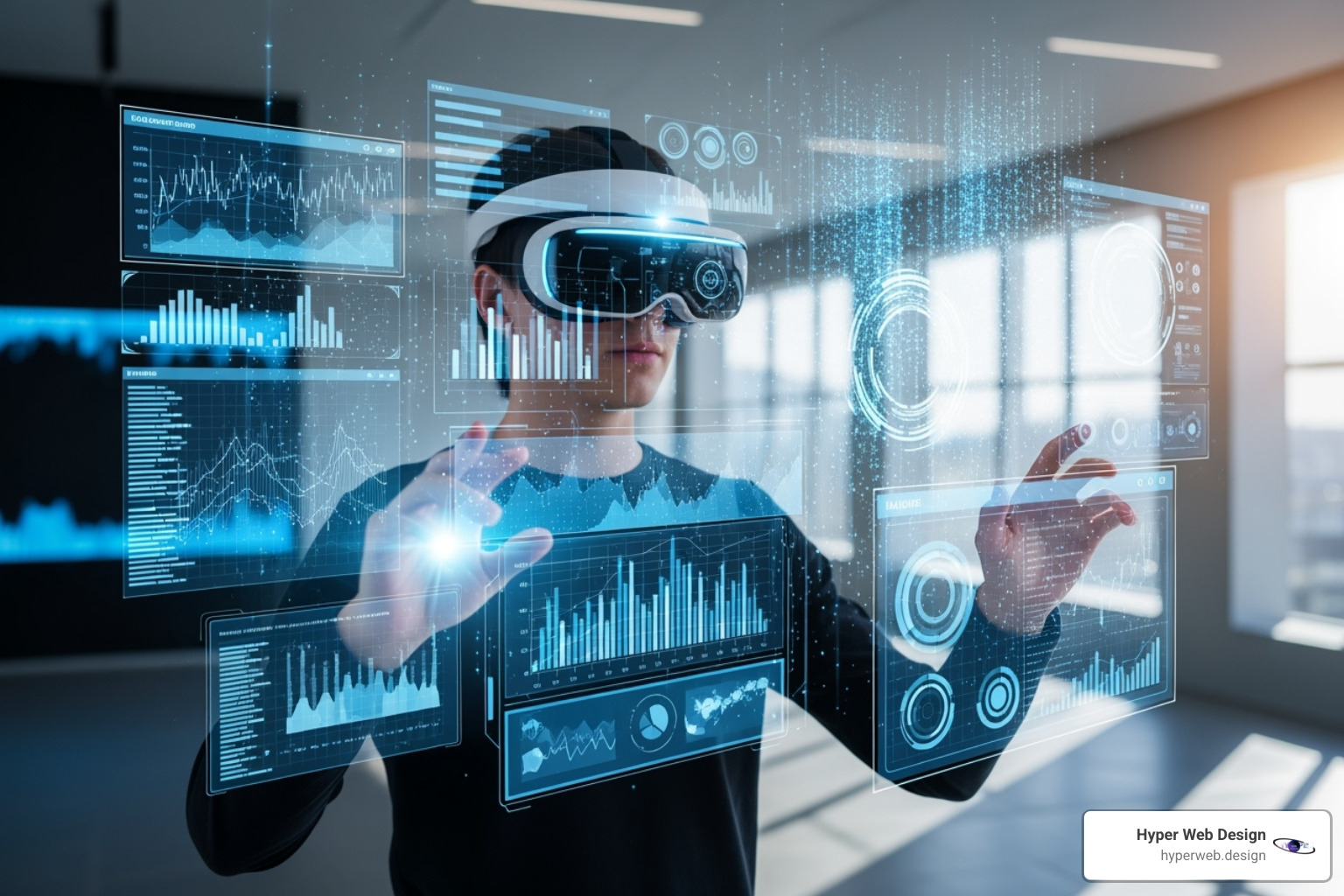 A futuristic interface blending AR/VR elements, with holographic projections and interactive data visualizations - graphic design A futuristic interface blending AR/VR elements, with holographic projections and interactive data visualizations - graphic design