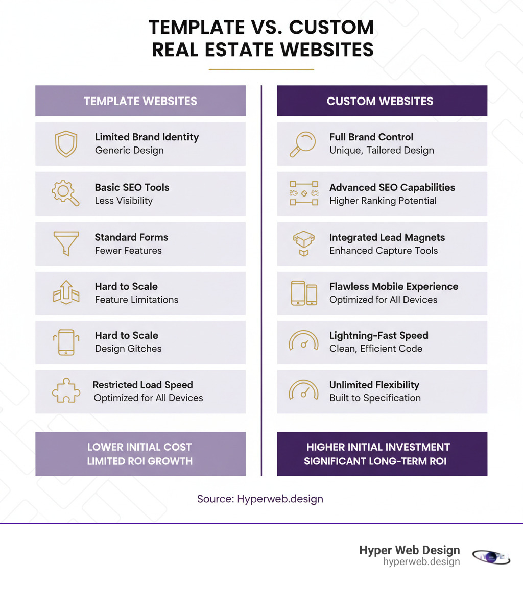 infographic showing comparison between template websites and custom real estate websites, highlighting differences in brand identity control, SEO capabilities, lead generation features, scalability options, mobile responsiveness, load speed, customization flexibility, and long-term ROI - custom real estate websites infographic infographic showing comparison between template websites and custom real estate websites, highlighting differences in brand identity control, SEO capabilities, lead generation features, scalability options, mobile responsiveness, load speed, customization flexibility, and long-term ROI - custom real estate websites infographic
