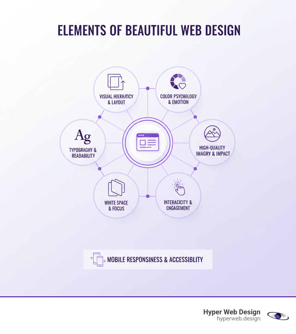 infographic showing the key elements that make websites beautiful: visual hierarchy through strategic layout and sizing, color psychology driving emotional response, typography establishing tone and readability, high-quality imagery creating impact, thoughtful white space improving focus, interactive elements enhancing engagement, and mobile responsiveness ensuring accessibility - most beautiful websites graphic design infographic infographic showing the key elements that make websites beautiful: visual hierarchy through strategic layout and sizing, color psychology driving emotional response, typography establishing tone and readability, high-quality imagery creating impact, thoughtful white space improving focus, interactive elements enhancing engagement, and mobile responsiveness ensuring accessibility - most beautiful websites graphic design infographic