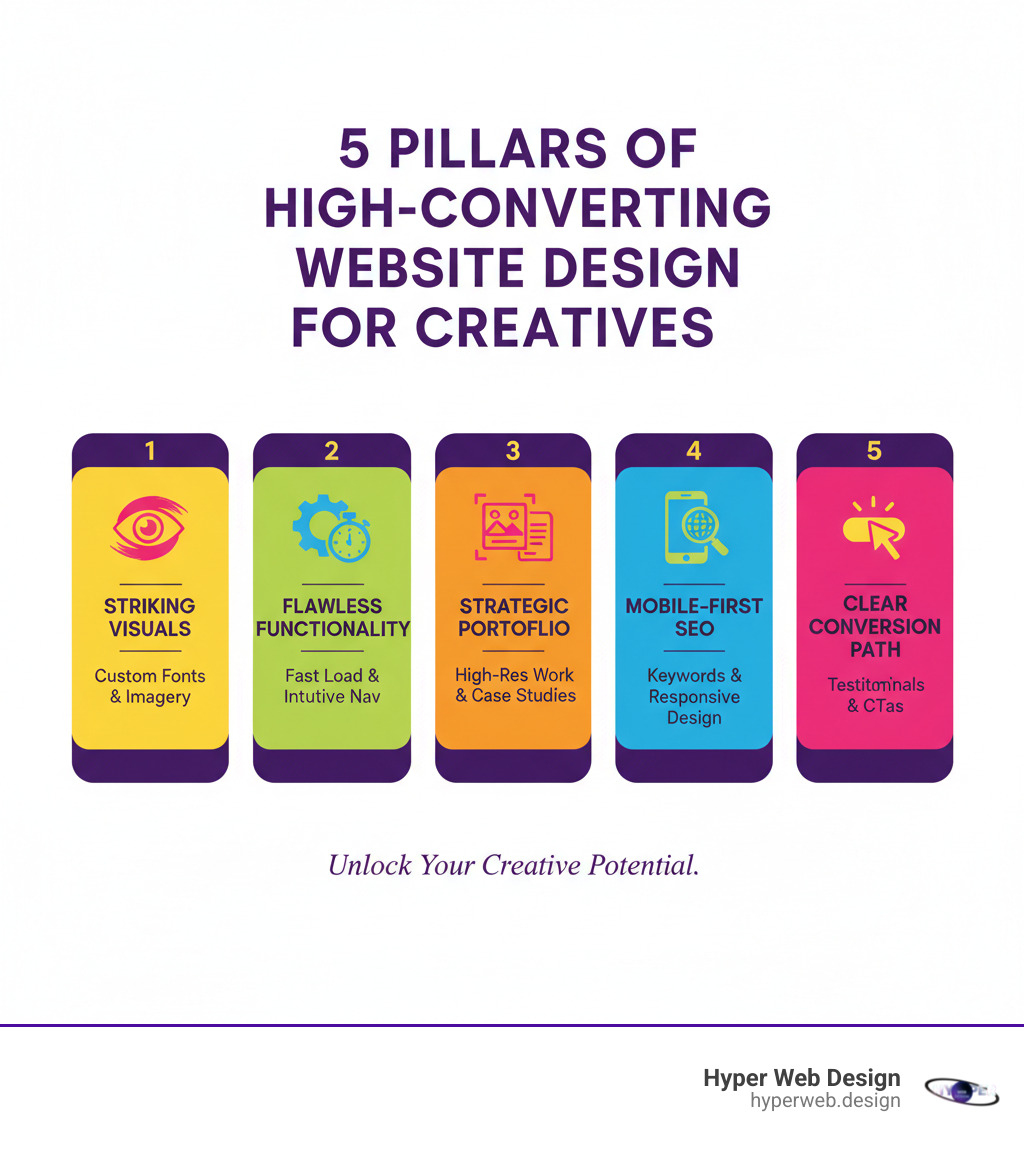 Infographic showing the 5 pillars of high-converting website design for creatives: 1) Striking Visuals with custom typography and brand-aligned imagery, 2) Flawless Functionality including fast load times and intuitive navigation, 3) Strategic Portfolio Display with high-resolution work samples and case studies, 4) Mobile-First SEO with keyword optimization and responsive design, 5) Clear Conversion Path with testimonials and prominent calls-to-action - website design for creatives infographic Infographic showing the 5 pillars of high-converting website design for creatives: 1) Striking Visuals with custom typography and brand-aligned imagery, 2) Flawless Functionality including fast load times and intuitive navigation, 3) Strategic Portfolio Display with high-resolution work samples and case studies, 4) Mobile-First SEO with keyword optimization and responsive design, 5) Clear Conversion Path with testimonials and prominent calls-to-action - website design for creatives infographic