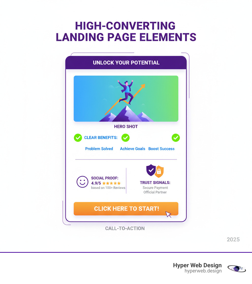 infographic explaining the core elements of a high-converting landing page: a compelling headline at the top, a hero shot image showcasing the product or service, clear benefit statements in bullet points, social proof elements like testimonials and review ratings, trust signals including security badges and brand logos, and a prominent call-to-action button - landing page optimisation infographic infographic explaining the core elements of a high-converting landing page: a compelling headline at the top, a hero shot image showcasing the product or service, clear benefit statements in bullet points, social proof elements like testimonials and review ratings, trust signals including security badges and brand logos, and a prominent call-to-action button - landing page optimisation infographic