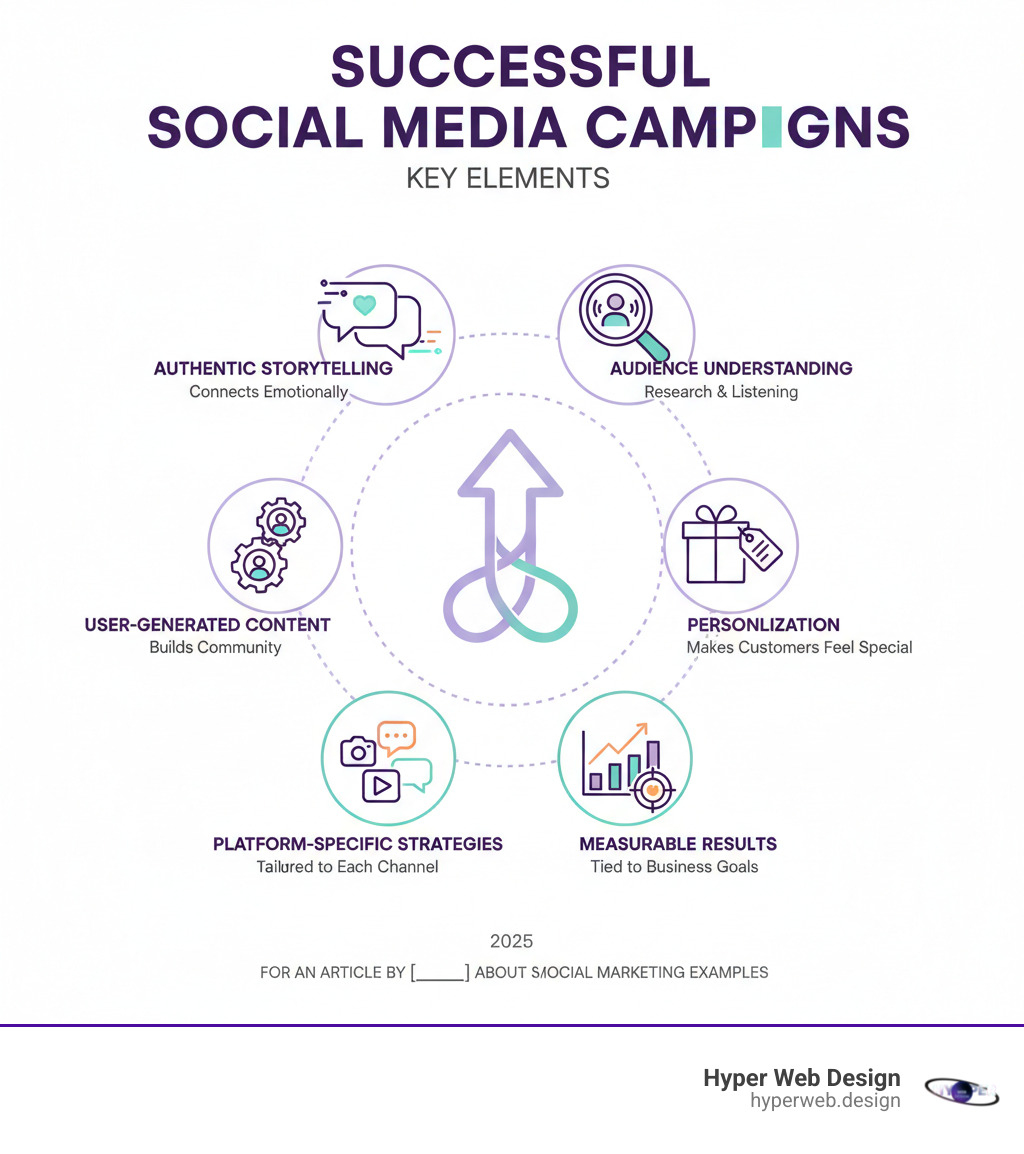 Infographic showing the key elements of successful social media campaigns: authentic storytelling that connects emotionally, deep audience understanding through research and listening, user-generated content that builds community, personalization that makes customers feel special, platform-specific strategies tailored to each channel, and measurable results tied to business goals - social media marketing examples infographic Infographic showing the key elements of successful social media campaigns: authentic storytelling that connects emotionally, deep audience understanding through research and listening, user-generated content that builds community, personalization that makes customers feel special, platform-specific strategies tailored to each channel, and measurable results tied to business goals - social media marketing examples infographic