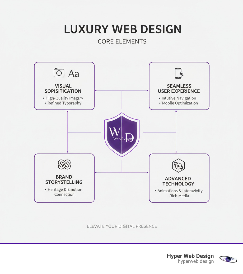 Infographic showing the core elements of luxury web design: Visual Sophistication with high-quality imagery and refined typography, Seamless User Experience with intuitive navigation and mobile optimization, Compelling Brand Storytelling through heritage and emotional connection, and Advanced Technology featuring animations and interactive elements - high end website design examples infographic Infographic showing the core elements of luxury web design: Visual Sophistication with high-quality imagery and refined typography, Seamless User Experience with intuitive navigation and mobile optimization, Compelling Brand Storytelling through heritage and emotional connection, and Advanced Technology featuring animations and interactive elements - high end website design examples infographic