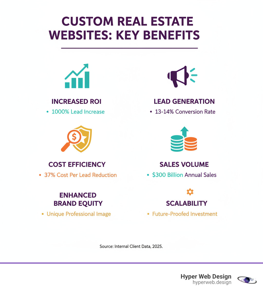 infographic showing the benefits of custom real estate websites, including increased ROI and lead generation - custom real estate websites infographic infographic showing the benefits of custom real estate websites, including increased ROI and lead generation - custom real estate websites infographic