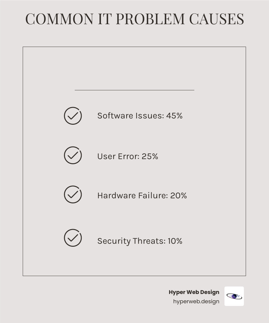 Detailed infographic showing the cost breakdown of business IT downtime per hour across different company sizes, common causes of IT problems (software issues 45%, user error 25%, hardware failure 20%, security threats 10%), and the financial impact of delayed resolution times - it troubleshooting for businesses infographic checklist-light-beige Detailed infographic showing the cost breakdown of business IT downtime per hour across different company sizes, common causes of IT problems (software issues 45%, user error 25%, hardware failure 20%, security threats 10%), and the financial impact of delayed resolution times - it troubleshooting for businesses infographic checklist-light-beige