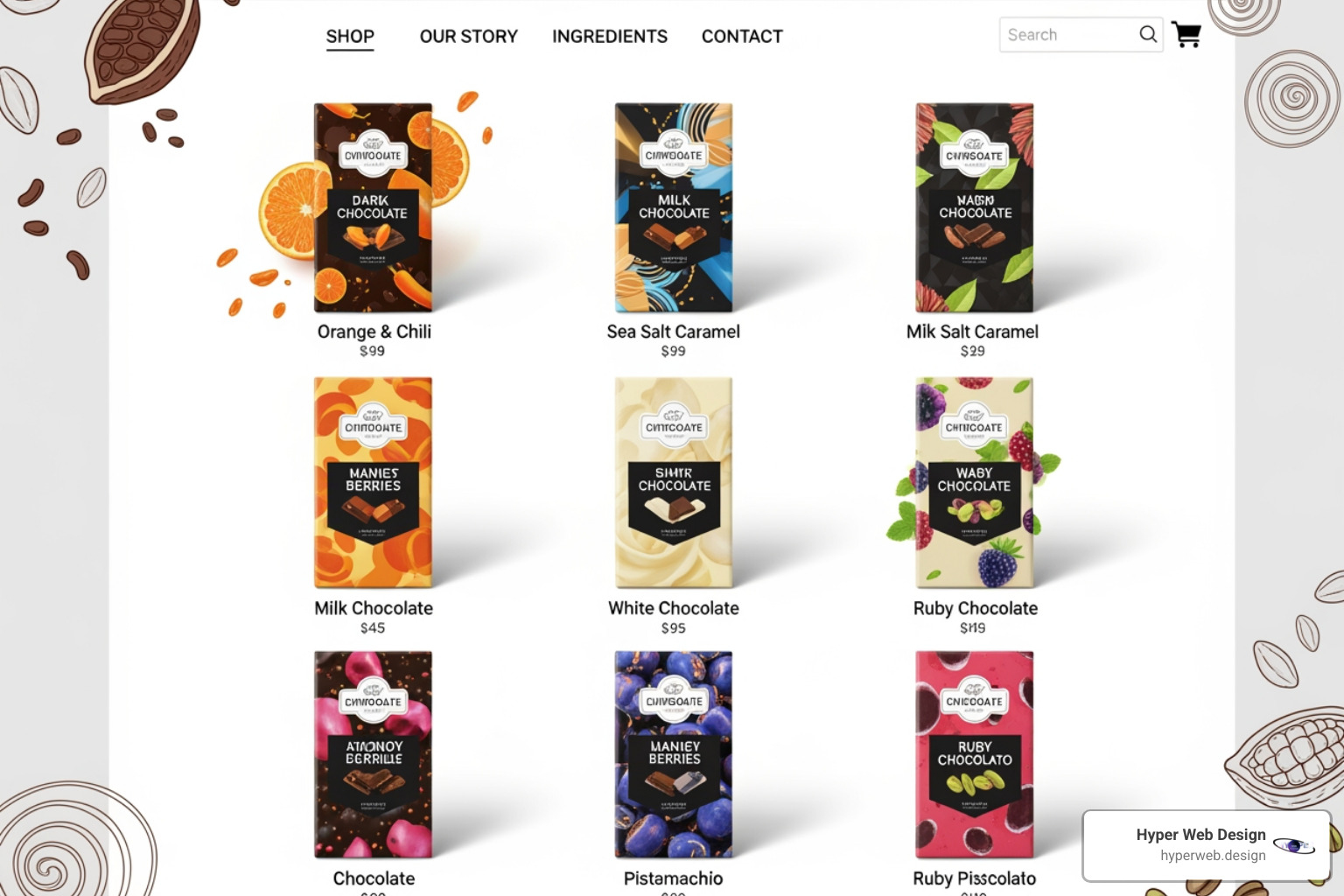 image of the Simply Chocolate website with vibrant colors and product imagery - most beautiful websites graphic design image of the Simply Chocolate website with vibrant colors and product imagery - most beautiful websites graphic design