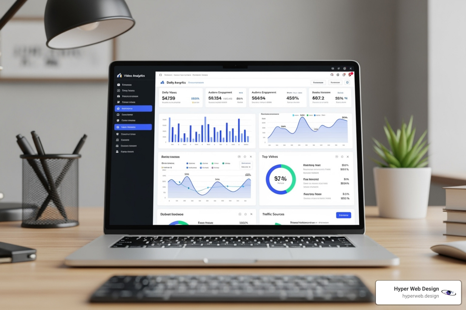 laptop screen showing video analytics with rising graphs - commercial video production laptop screen showing video analytics with rising graphs - commercial video production