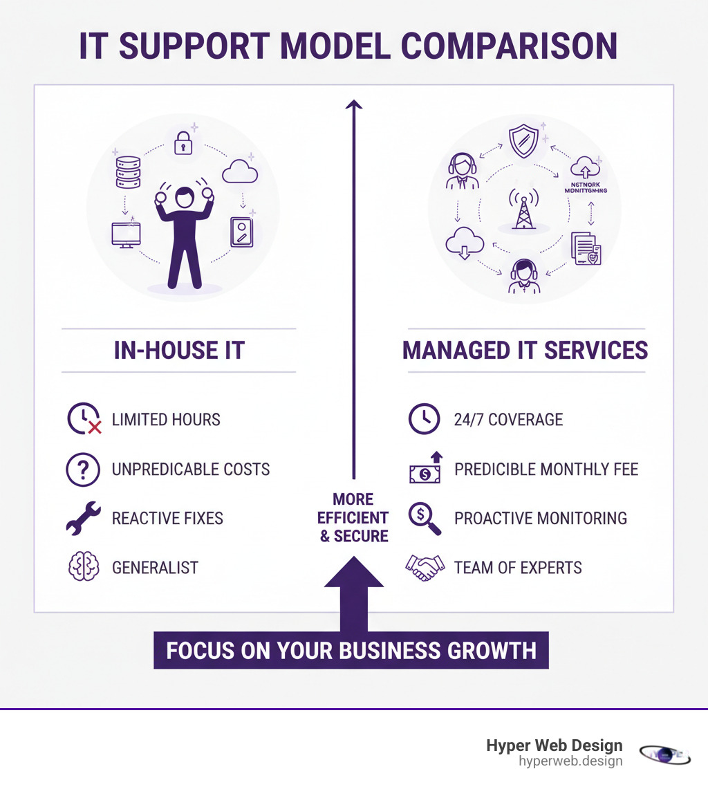 Infographic showing comparison between in-house IT department with single person managing multiple tasks versus managed IT services firm providing specialized team of experts for network monitoring, cybersecurity, help desk support, cloud services, and disaster recovery with 24/7 coverage and predictable monthly costs - managed it services firm infographic Infographic showing comparison between in-house IT department with single person managing multiple tasks versus managed IT services firm providing specialized team of experts for network monitoring, cybersecurity, help desk support, cloud services, and disaster recovery with 24/7 coverage and predictable monthly costs - managed it services firm infographic