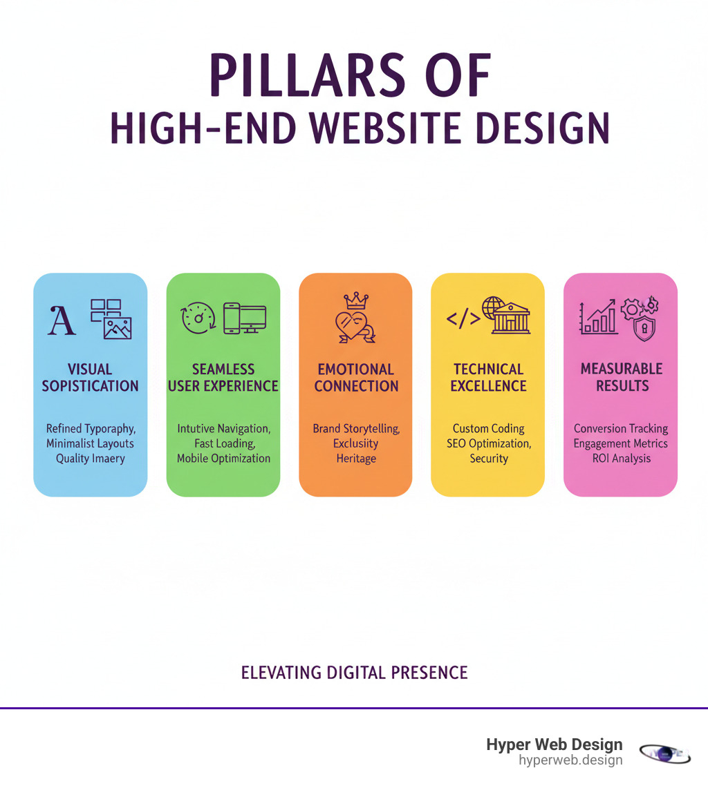 Infographic showing the key pillars of high-end website design: Visual Sophistication (refined typography, minimalist layouts, high-quality imagery), Seamless User Experience (intuitive navigation, fast loading, mobile optimization), Emotional Connection (brand storytelling, exclusivity, heritage), Technical Excellence (custom coding, SEO optimization, security), and Measurable Results (conversion tracking, engagement metrics, ROI analysis) - high end website design infographic Infographic showing the key pillars of high-end website design: Visual Sophistication (refined typography, minimalist layouts, high-quality imagery), Seamless User Experience (intuitive navigation, fast loading, mobile optimization), Emotional Connection (brand storytelling, exclusivity, heritage), Technical Excellence (custom coding, SEO optimization, security), and Measurable Results (conversion tracking, engagement metrics, ROI analysis) - high end website design infographic