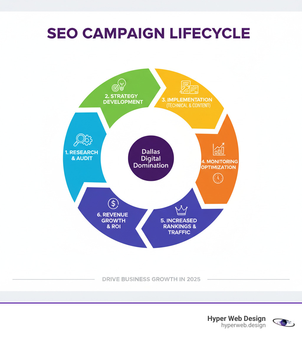 Infographic showing the SEO campaign lifecycle: Research & Audit phase leads to Strategy Development, then Implementation of technical fixes and content, followed by Monitoring & Optimization, resulting in Increased Rankings and Traffic, ultimately converting to Revenue Growth and ROI - search engine optimization campaign marketing dallas infographic Infographic showing the SEO campaign lifecycle: Research & Audit phase leads to Strategy Development, then Implementation of technical fixes and content, followed by Monitoring & Optimization, resulting in Increased Rankings and Traffic, ultimately converting to Revenue Growth and ROI - search engine optimization campaign marketing dallas infographic