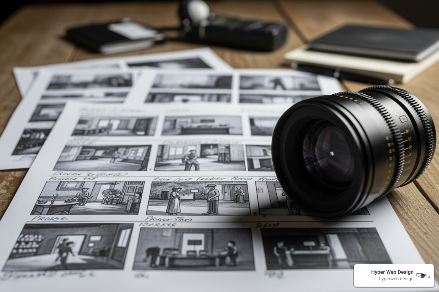 storyboard next to a camera lens - commercial video production storyboard next to a camera lens - commercial video production