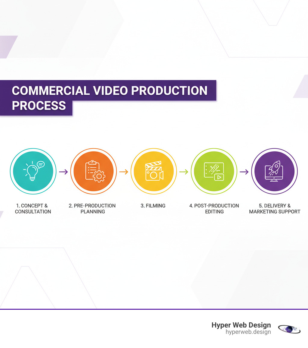 Infographic showing the complete commercial video production process from initial consultation and concept development through pre-production planning, filming, post-production editing, and final delivery with marketing support - commercial video production infographic Infographic showing the complete commercial video production process from initial consultation and concept development through pre-production planning, filming, post-production editing, and final delivery with marketing support - commercial video production infographic