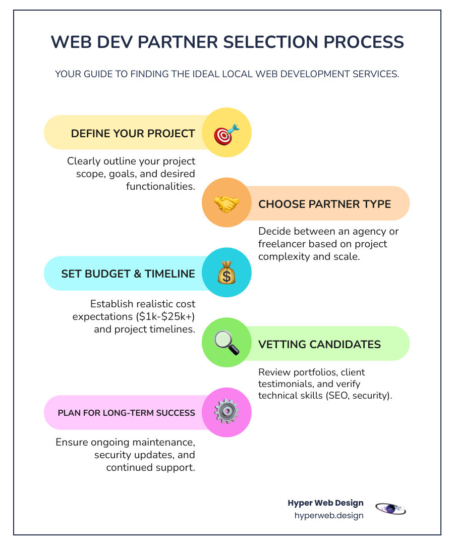Infographic showing the web development service selection process: 1. Define your project scope and goals, 2. Choose between agency and freelancer based on complexity, 3. Set realistic budget expectations ($1,000-$25,000+ depending on type), 4. Review portfolios and client testimonials, 5. Verify technical skills (responsive design, SEO, security), 6. Plan for ongoing maintenance and support - web development services near me infographic infographic-line-5-steps-colors Infographic showing the web development service selection process: 1. Define your project scope and goals, 2. Choose between agency and freelancer based on complexity, 3. Set realistic budget expectations ($1,000-$25,000+ depending on type), 4. Review portfolios and client testimonials, 5. Verify technical skills (responsive design, SEO, security), 6. Plan for ongoing maintenance and support - web development services near me infographic infographic-line-5-steps-colors