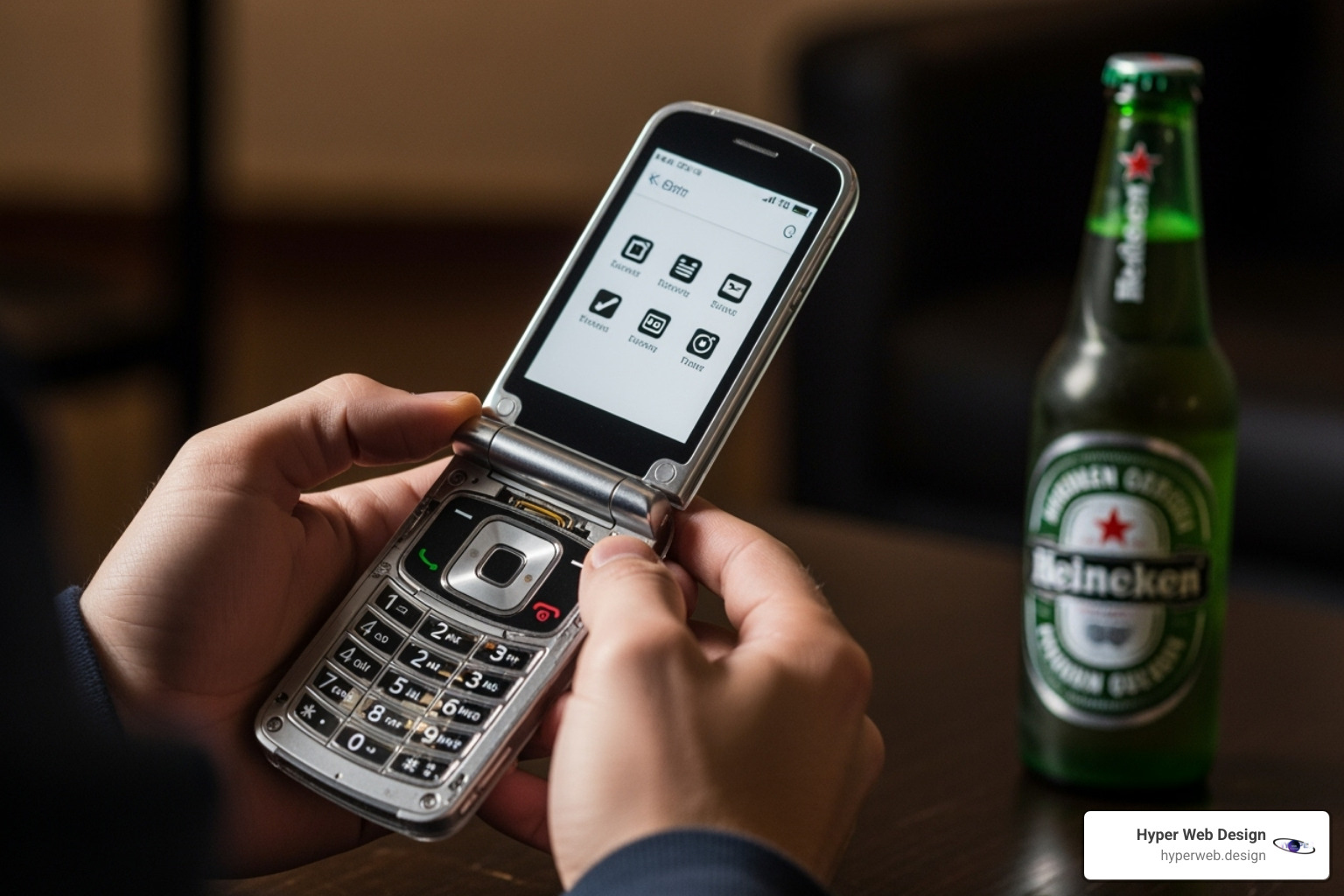 A person holding the transparent Heineken "Boring Phone" with a Heineken beer in the background - social media marketing examples A person holding the transparent Heineken "Boring Phone" with a Heineken beer in the background - social media marketing examples